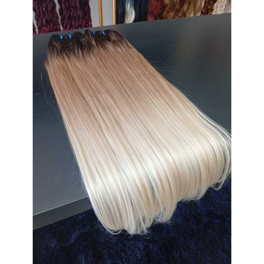 Aplique de Cabelo na Tela Mega Hair Natural Fibra Russa Liso Loiro Perola Raiz Esfumada 60cm Premium Bella Hair