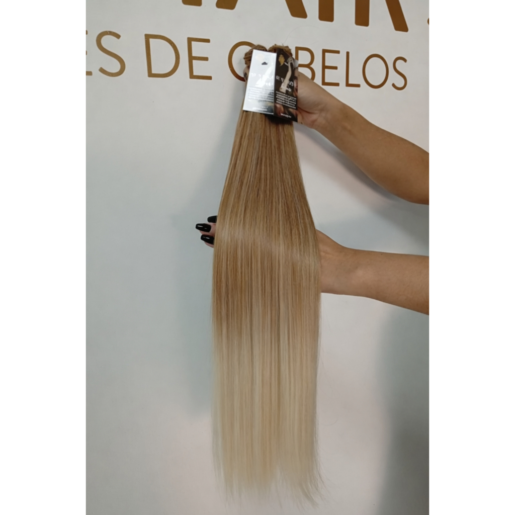 Aplique de Cabelo Liso Loiro Perolado Luzes 100% Semi Humano em Tela 50cm Fibra Russa Premium Bella Hair