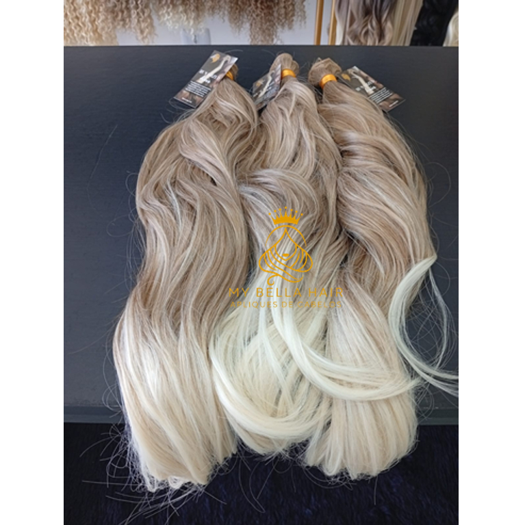 Aplique de Cabelo na Tela Mega Hair Natural Fibra Russa Ondulado Loiro Perolado Luzes 50cm Premium Bella Hair
