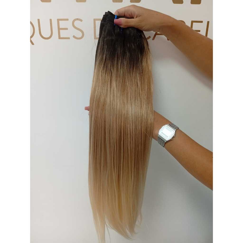 Aplique de Cabelo na Tela Semi Humano Russo Liso 50cm Loiro Perola Raiz Esfumada Fibra Russa Bella Hair
