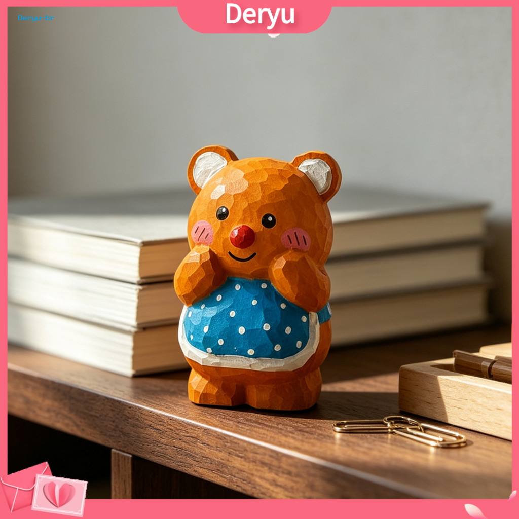 Cute Bear Desktop Decoration Healing Atmosphere Shelf Decor Hand-carved Basswood Ornament – Wooden Figurine with Apron