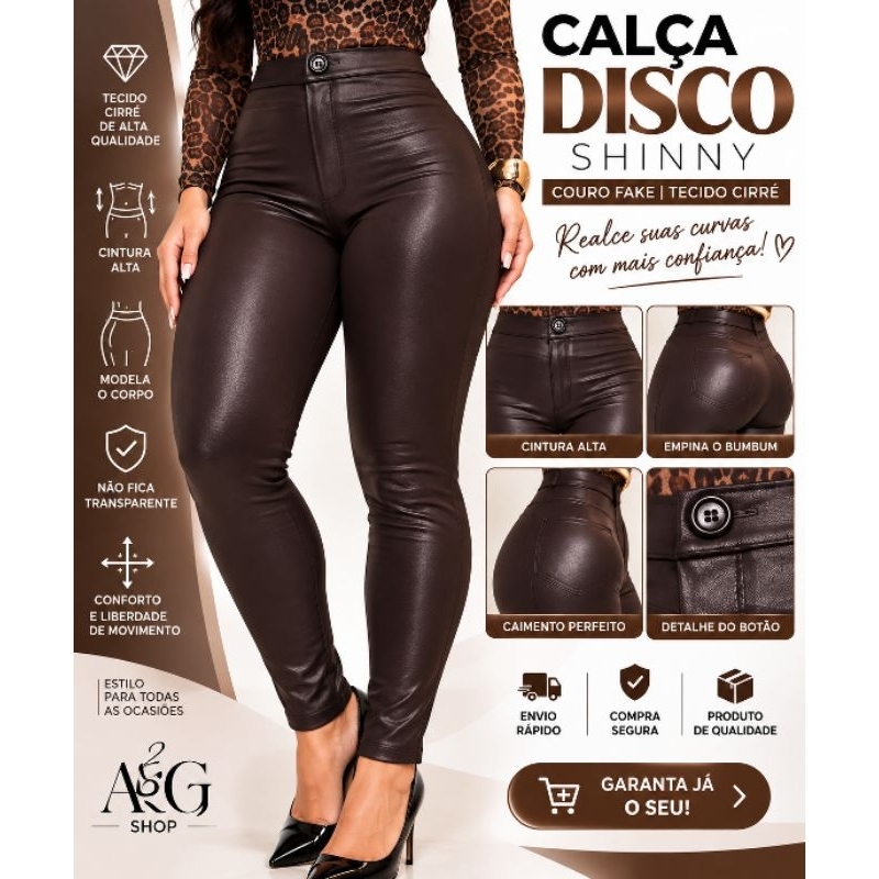 Calça Disco Cirrê Feminina Cintura Alta Legging Skinny Couro Fake com Botão e Bolsos
