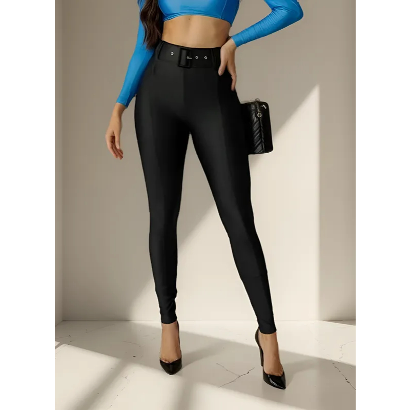 Calça Disco Pants Skinny Com Cinto Cintura Alta Premium