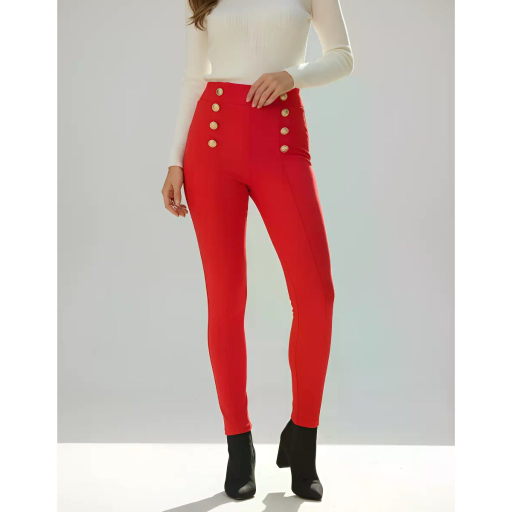 Calça Disco Pants Feminina Cintura Alta Skinny Com Botões Elegante Do 36 Ao 42