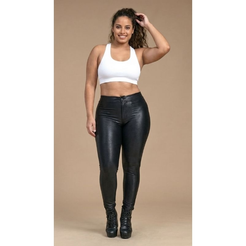 Calça Disco Feminina Cintura Alta Cirre Preta do P ao G4 Estica Brilhosa Justa