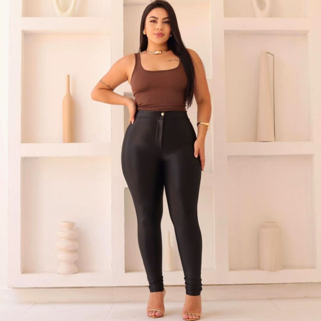 Calça Cirre Disco Hot pants Brilho molhado couro Fake Cintura Alta c\ Bolso c \Ziper Tecido Cirre