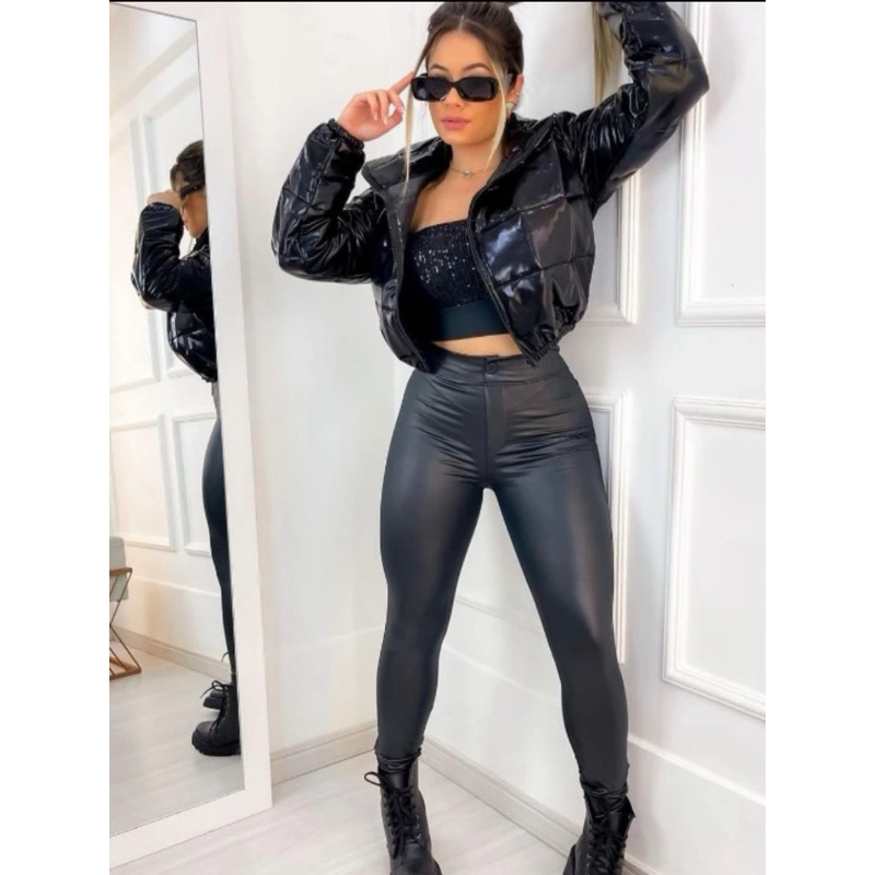 Calça Disco Feminina Cintura Alta Skinny Botão Cirrê Modeladora