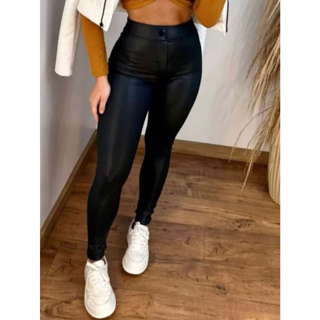 Calça Disco Feminina Skinny Cintura Alta Botão Cirrê