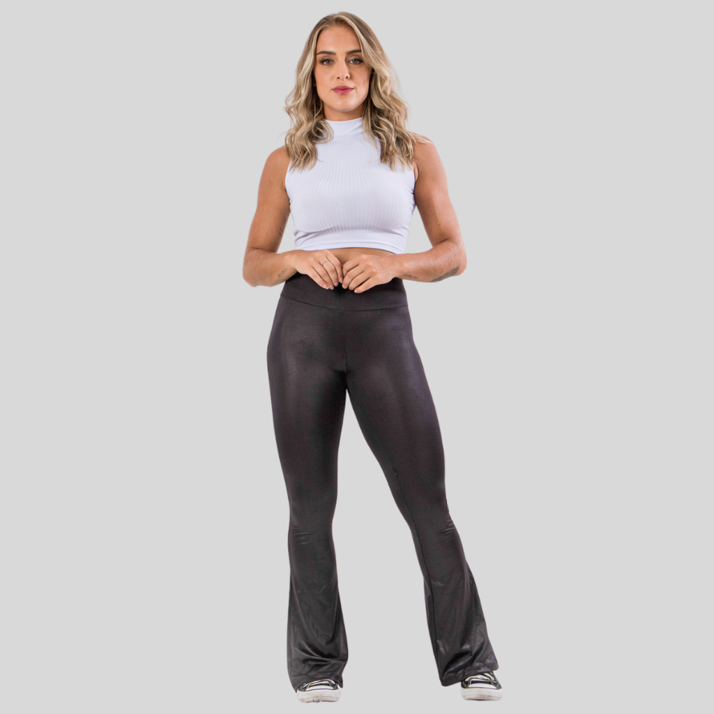 Calça Flare Cirrê Cintura Alta Disco Brilhosa Feminina