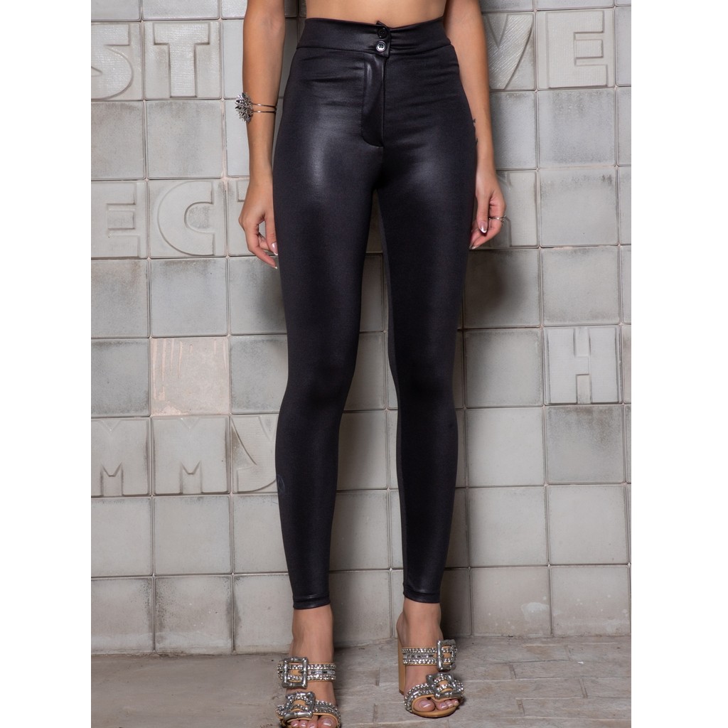 Calça Hotpants Disco Cirre Cintura Alta Couro Fake