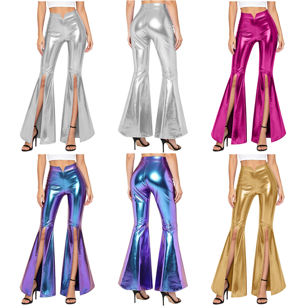 inhzoy Mulheres 70s Disco Metálico Brilhante Calças Queimadas V-notched Cintura Alta Split Bell Bottoms Compridas De Dan
