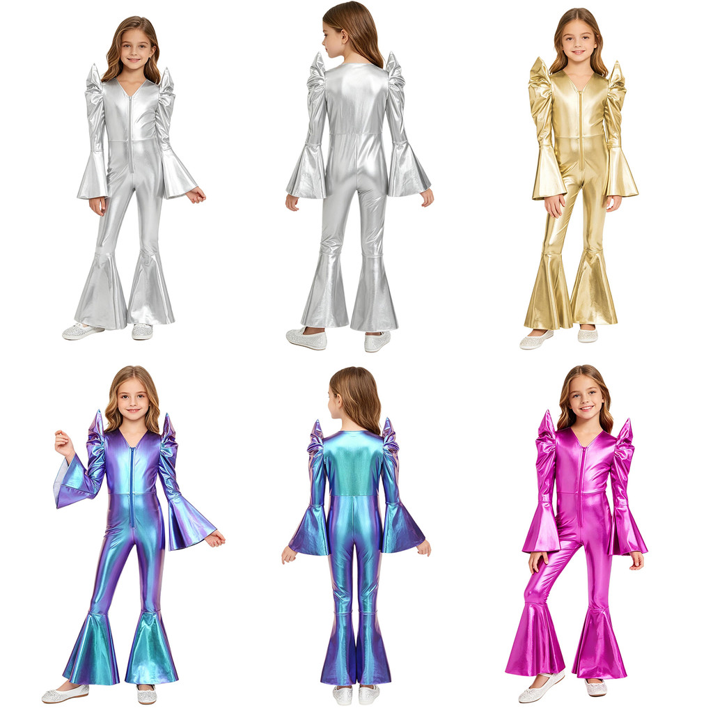 inhzoy Crianças Meninas Brilhante Metálico Disco Macacão Mangas Compridas Cintura Alta Frente Zip Sino Inferior Hippie C