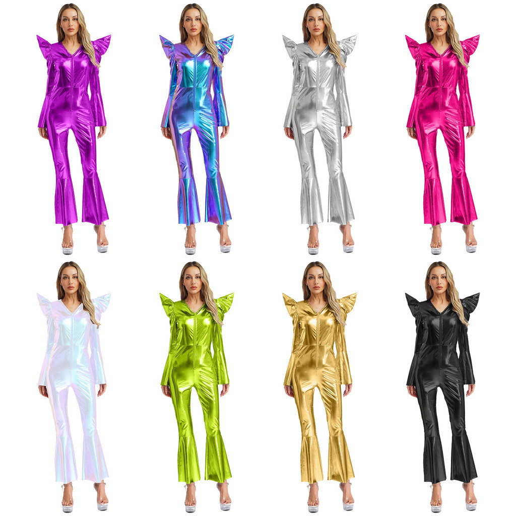 inhzoy Feminino Brilhante Metálico Disco Macacão Mangas Compridas Cintura Alta Frente Zip Sino Inferior Hippie Clubwear
