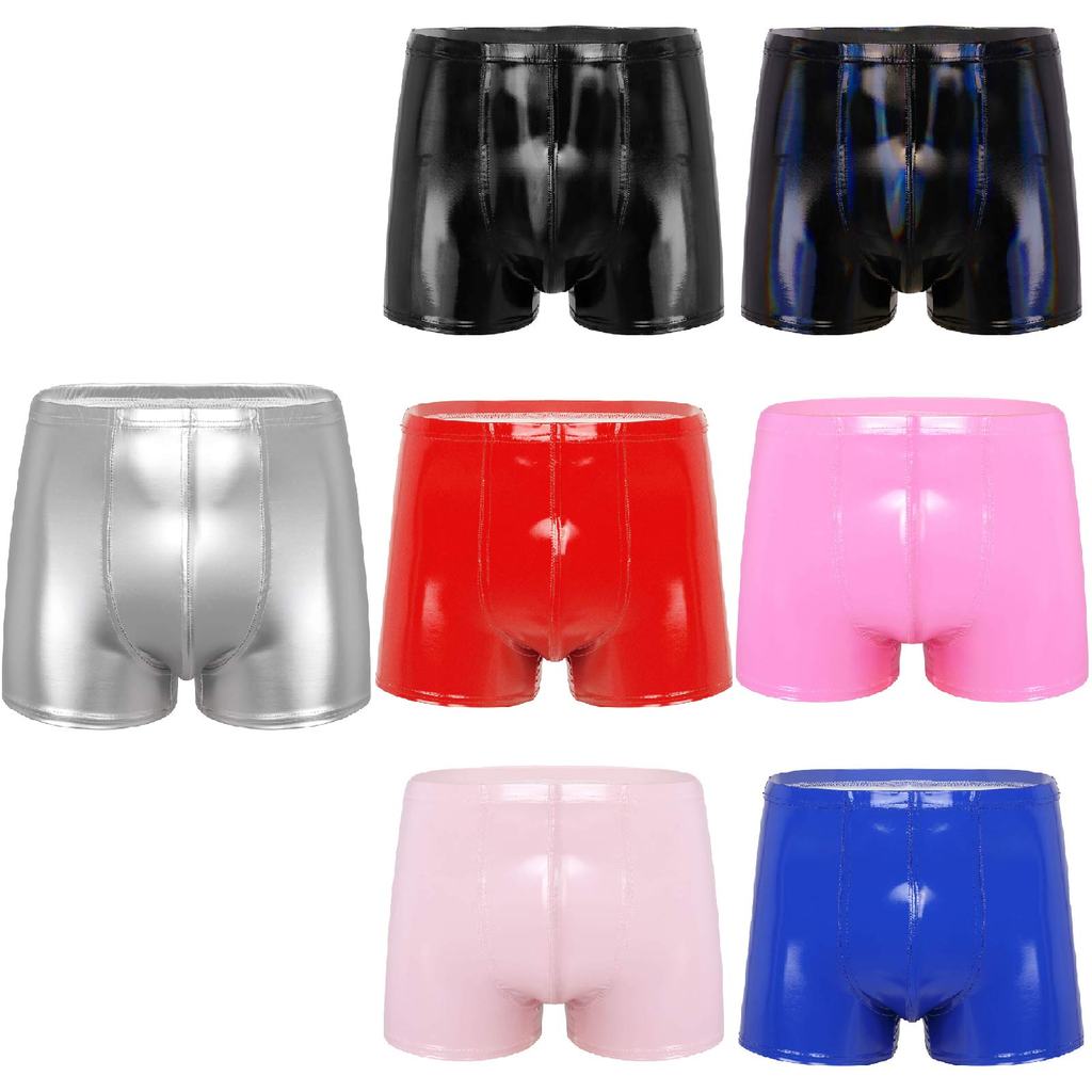inhzoy Mens Wet Look Patent Leather Shorts Bulge Pouch Boxer Brief Elastic Waistband Short Pants Clubwear