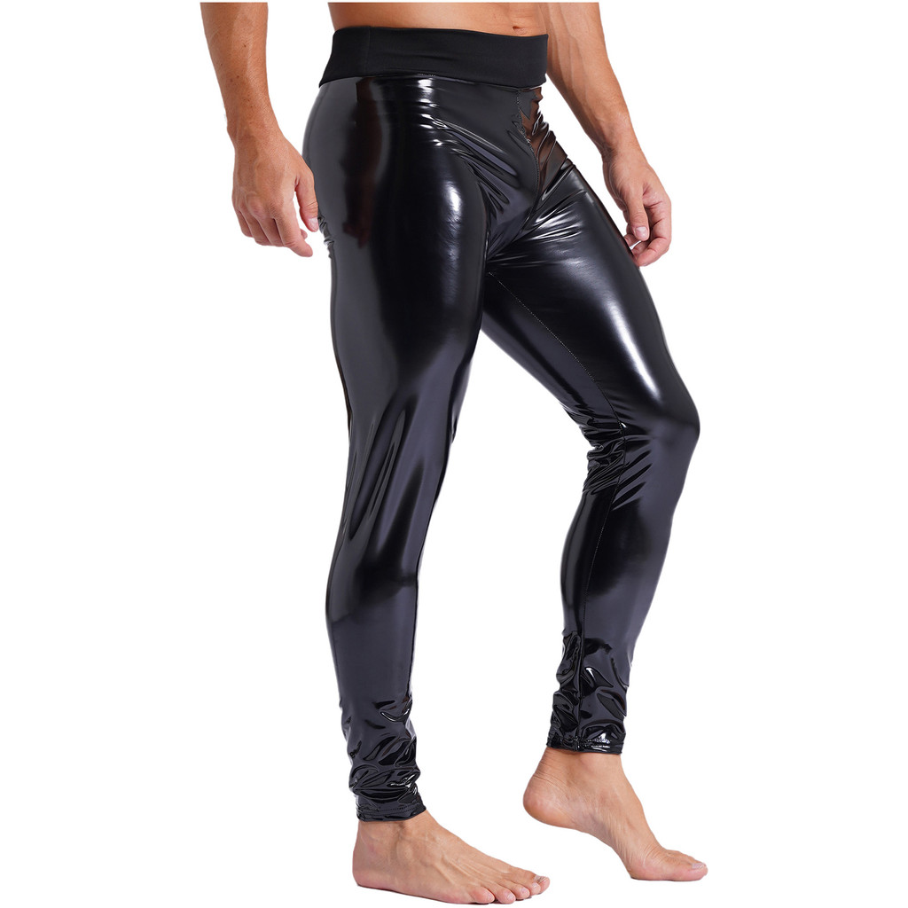 inhzoy Mens Fashion Patent Leather Long Pants Wet Look High Waist Stretchy Leggings Skinny Trousers Party Clubwear