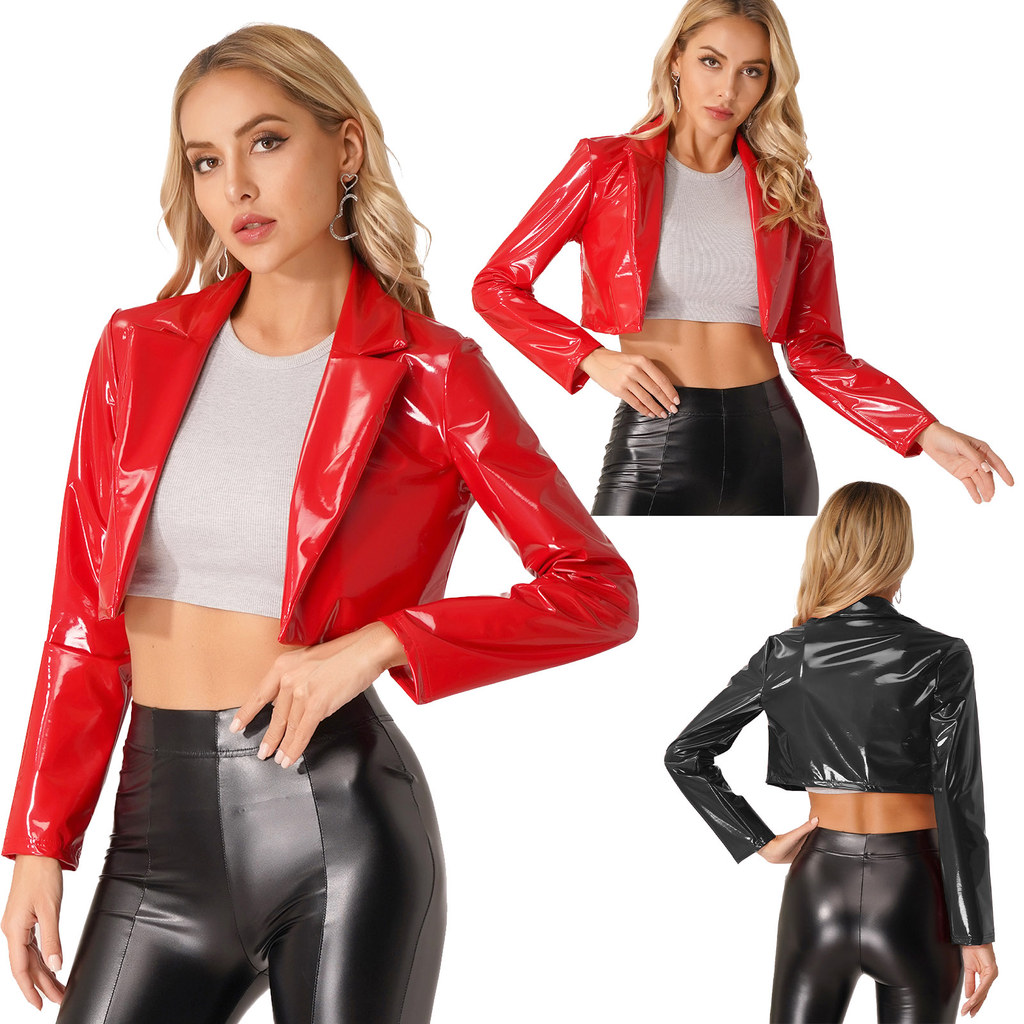 inhzoy Womens Fashion Lapel Patent Leather Jacket Wet Look Long Sleeve Cropped Coat for Party Club Music Festival
