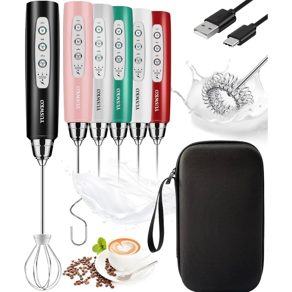 YUSWKO Rechargeable Milk Frother Handheld Frother Wand Drink Mixer for Coffee, Electric Whisk 3 Speed Adjustable, Coffee
