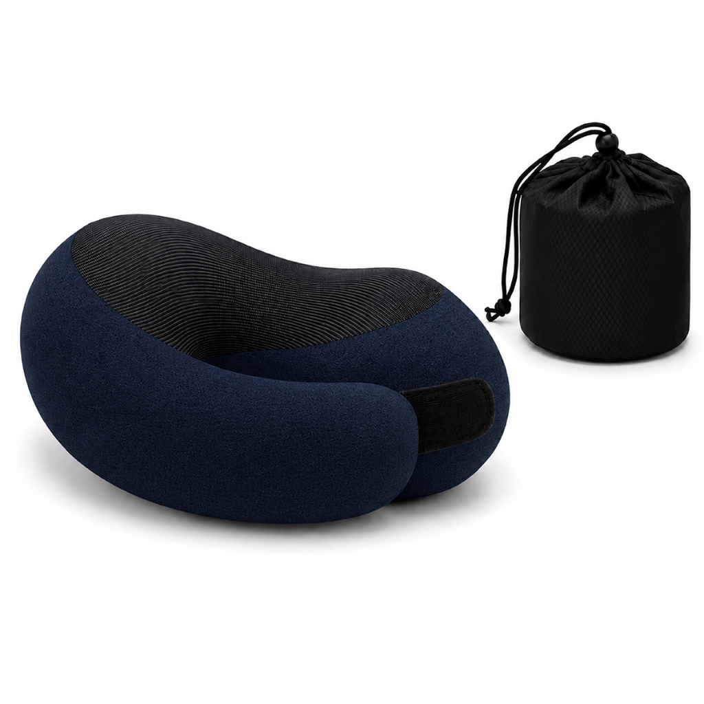Almofada de Pescoço Memory Foam Para Viagem Travesseiro Cervical Anatômico Com Bolsa AZUL MARINHO