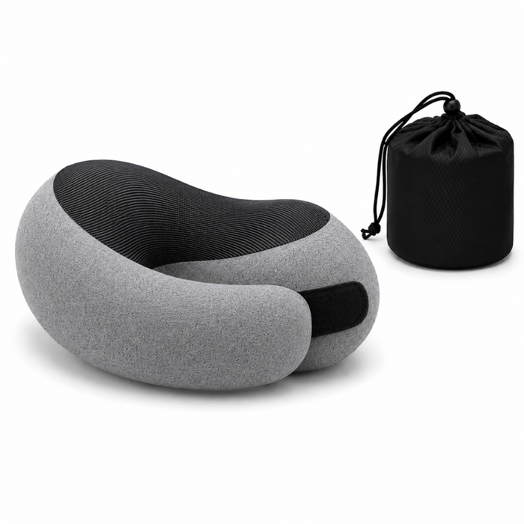 Travesseiro de Pescoço Memory Foam Para Viagem Almofada Cervical Ergonômica Avião Carro Ônibus CINZA