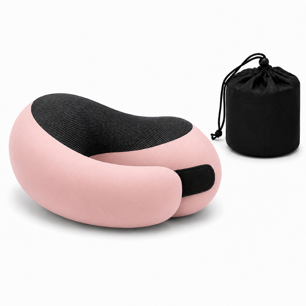 Travesseiro Cervical Memory Foam Apoio de Pescoço Ergonômico Para Avião Carro e Viagens ROSA