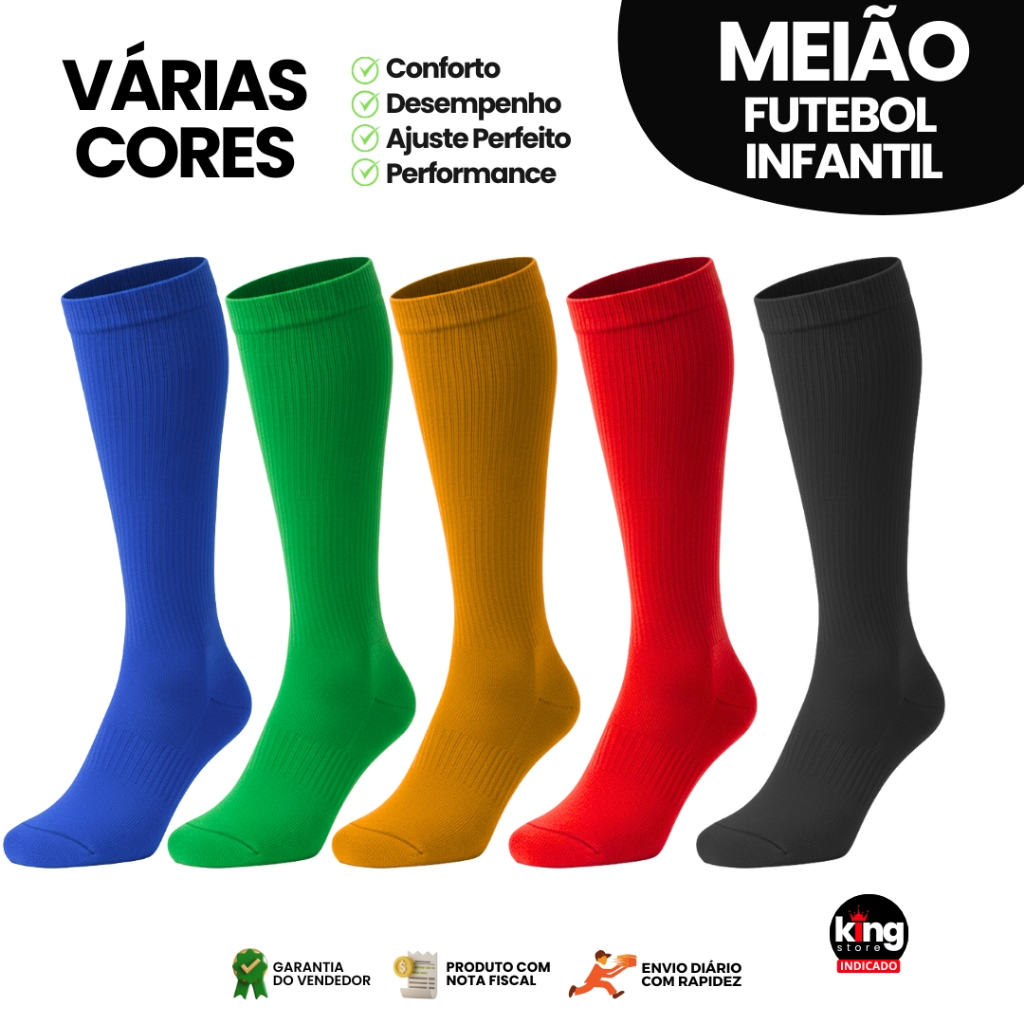 Meião de Futebol Sortidos Profissional Infantil Tamanho 31 ao 34 Qualidade Premium | Kit com 1, 3 ou 5 unidades