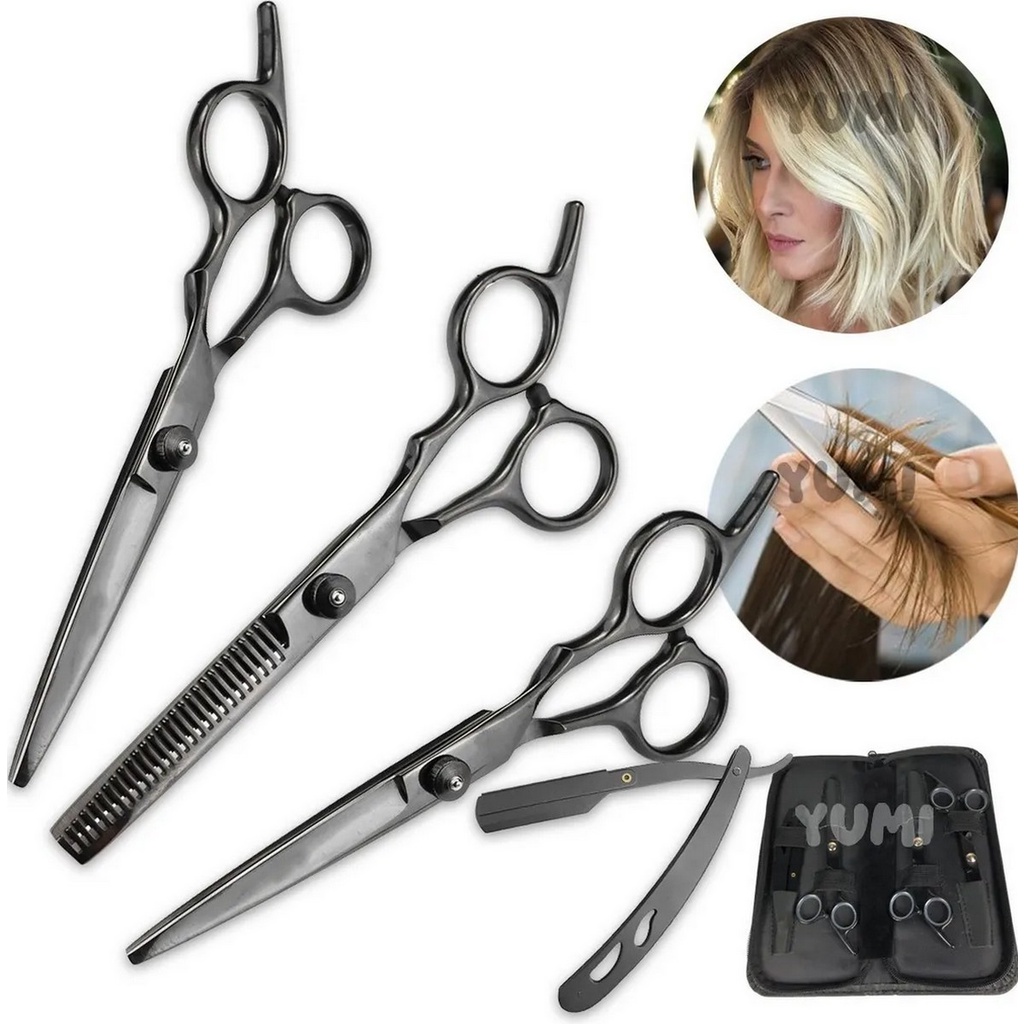 Kit 3 Tesouras Profissionais Navalha Cabeleireiro Barbeiro Salao Kit Com 3 unidades Fio Laser +Tesoura + Navalhete + Estojo