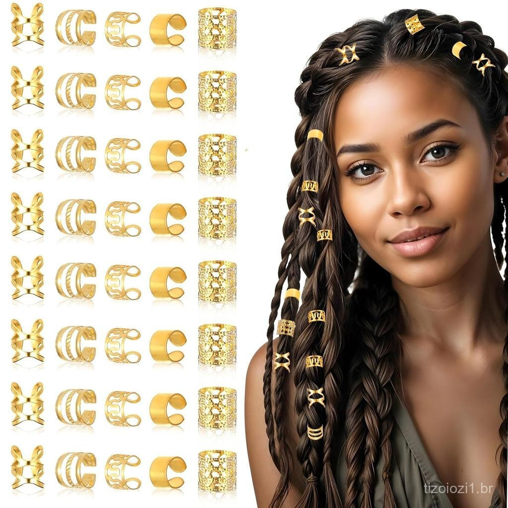 40pcs Gold Hair Cuffs Charms Rings for Braids, Gold Hair Jewelry Accessories, Adjustable Loc Jewelry Dreadlocks Braid Cl