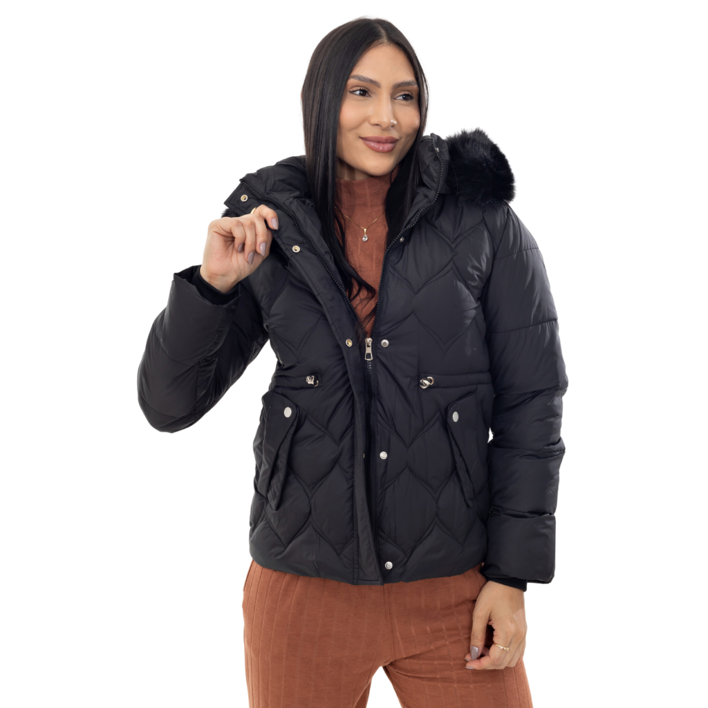 Jaqueta Puffer Parka Peluciada Capuz Removível Peluciada