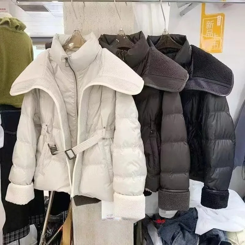 Mulheres Lã De Cordeiro Jaqueta Quente Outono Inverno Gola Dupla Espessamento Curto Puffer Casaco Feminino Fino Parkas O
