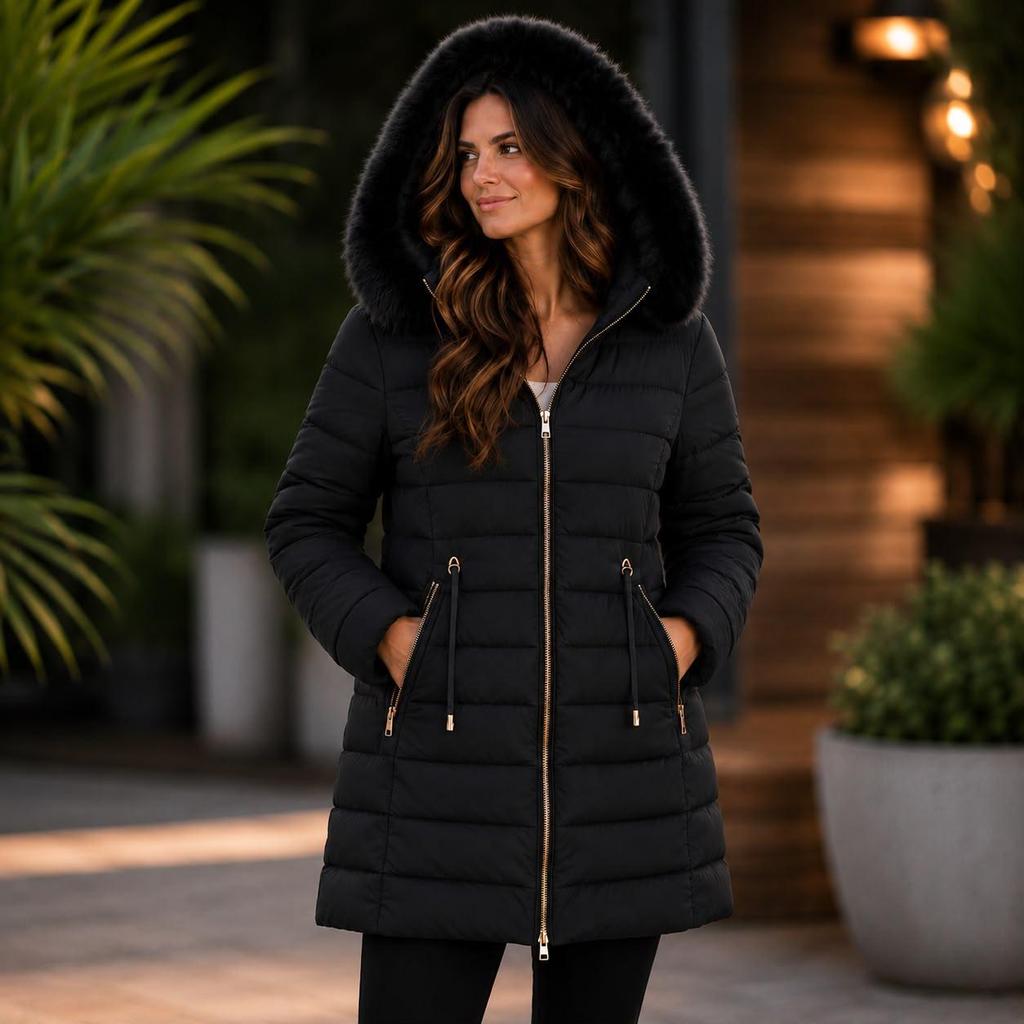 Jaqueta Parka De Nylon Puffer Forrada Com Pelo Capuz Removível