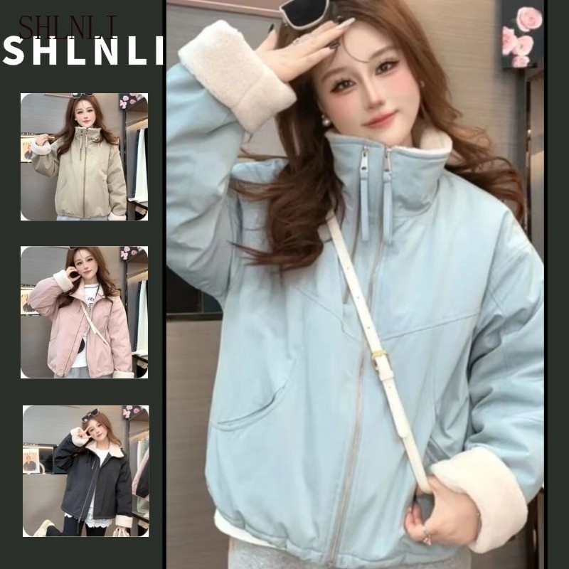 Mulheres Outono Inverno Coreano Falso Shearling Retalhos Curto Puffer Casaco Solto Gola Casual Parka Jaqueta