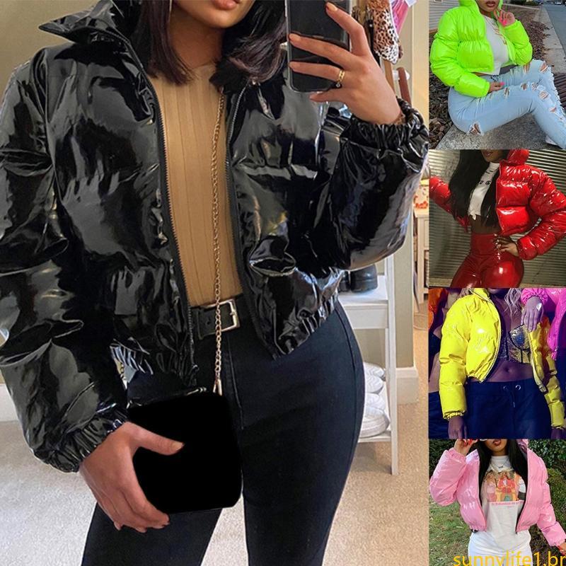 Sol Feminino Longa Puffer Para Jaqueta Metálico Couro Cortado Bolha Casaco Acolchoado Parkas