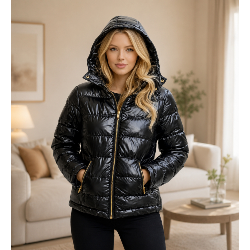 Parka jaqueta feminina Puffer metalizado com capuz bobojaco patricinha