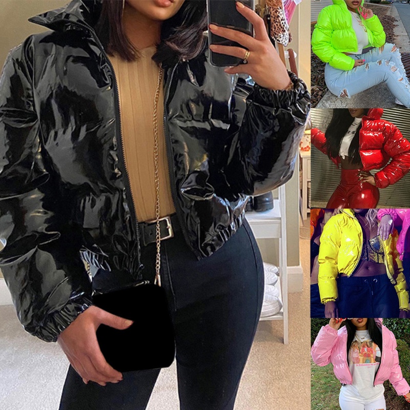 XI Feminino Manga Longa Puffer Para Jaqueta Gola Brilhante Metálico Falso Couro Cortado Bolha Casaco Acolchoado Parkas