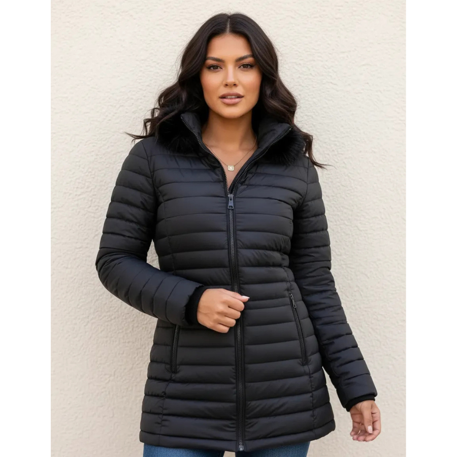 Jaqueta Alongada Feminina Parka Puffer Capuz Removível Frio