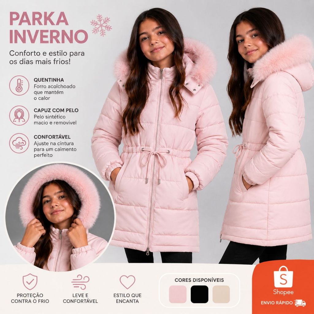 Jaqueta puffer parka apeluciada infantil juvenil alongada feminina blusa  sobretudo com cordão cintura