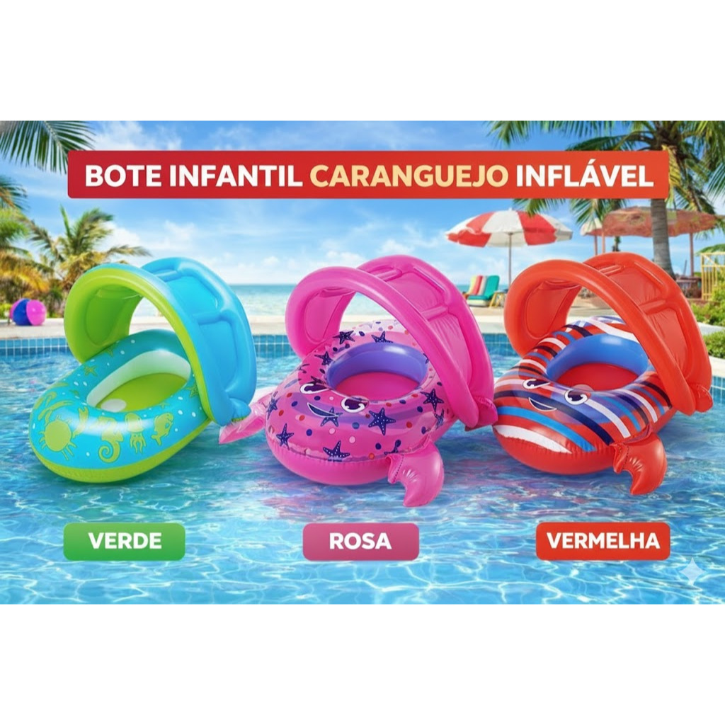 Bote Infantil Caranguejo Rosa Vermelho Verde 6 a 18 Meses Flutuador Bóia Bebê Piscina com Proteção