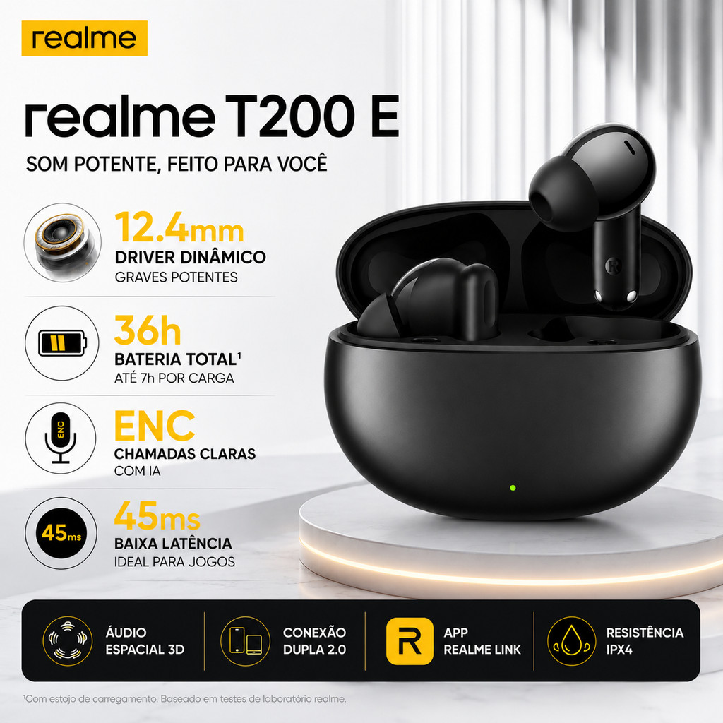 Fone Bluetooth realme T200 E TechLife Buds TWS Bluetooth 5.4 ENC IPX4 Até 36h de Bateria Novo