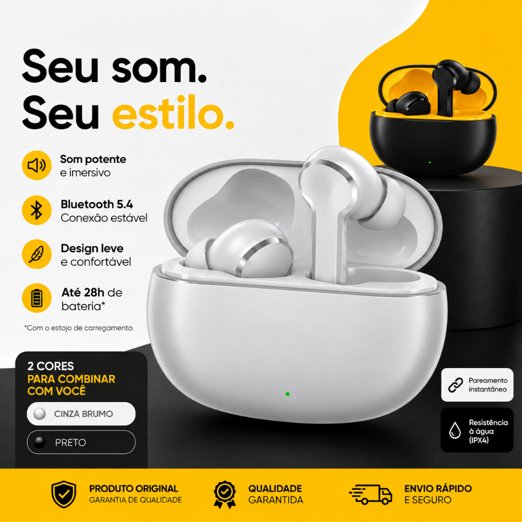 Fone Bluetooth Realme Buds T200 Lite Sem Fio 5.4 IPX4 45H Bateria Microfone