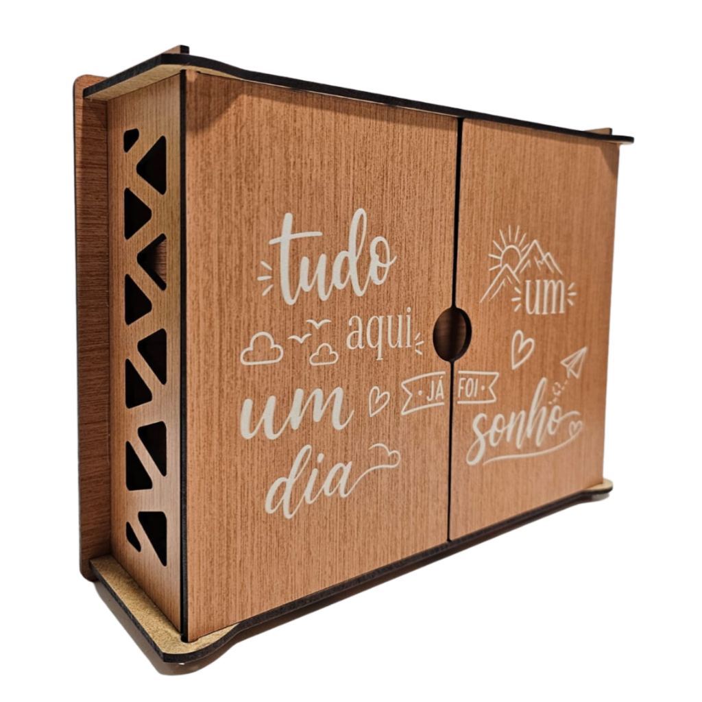 Porta-Chaves Luxo de Parede 25x19x7 cm em MDF Amadeirado ou Branco com 5 Ganchos Internos e Fita Dupla Face para Instala