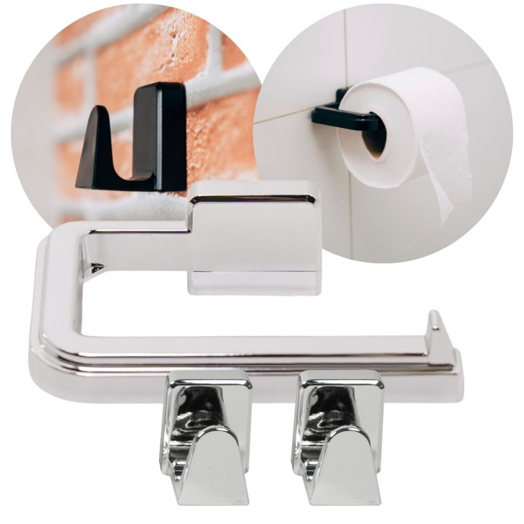 Kit para Banheiro de 3 Peças: Porta Papel Higiênico + 2 Ganchos Multiuso Instala Fácil