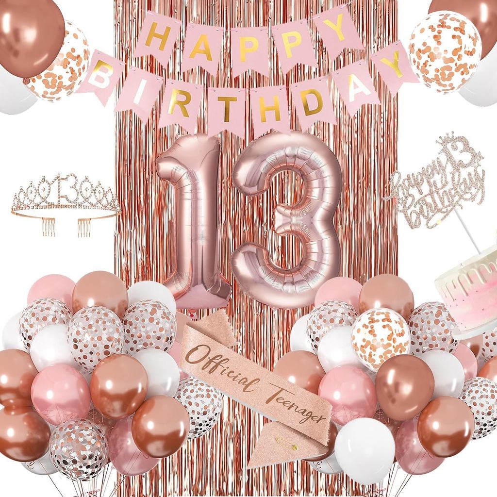 13th Birthday Decorations for Girls, Rose Gold 13th Birthday Banner, Balloon, Cake Topper, Sash and Crown, Happy 13th Bi