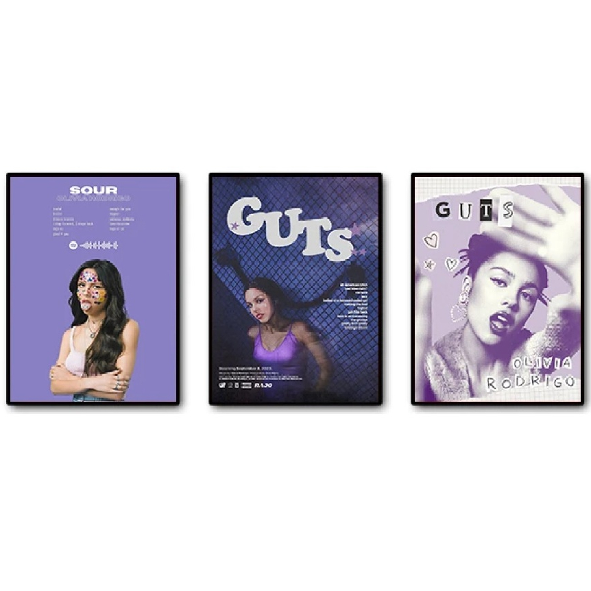 Quadros decorativos Pop Singer Olivia Rodrigo Portrait Guts, Sour Álbum (3 peças)