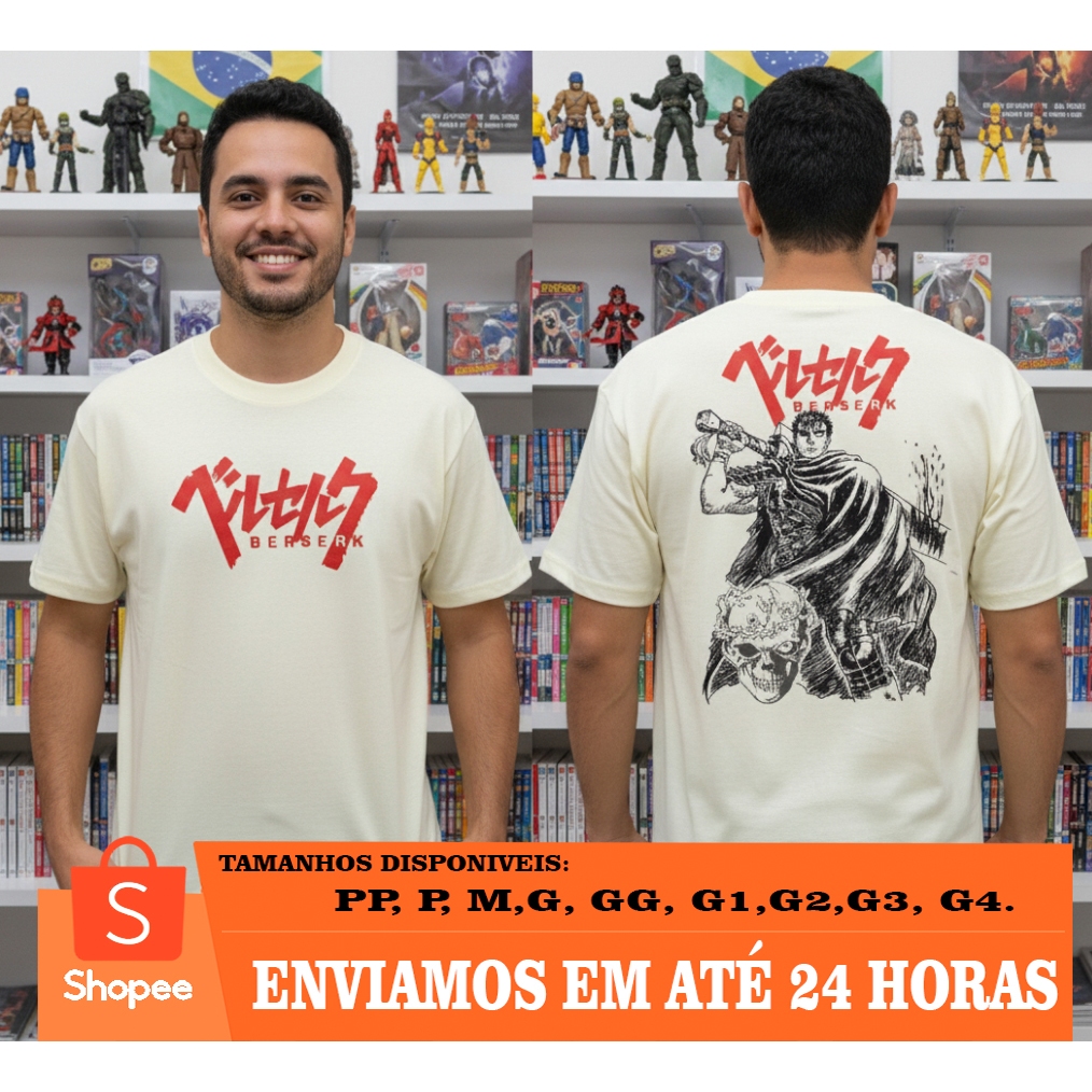Camiseta Berserk Guts Frente Logo e Estampa Costas Grande | PP ao G4