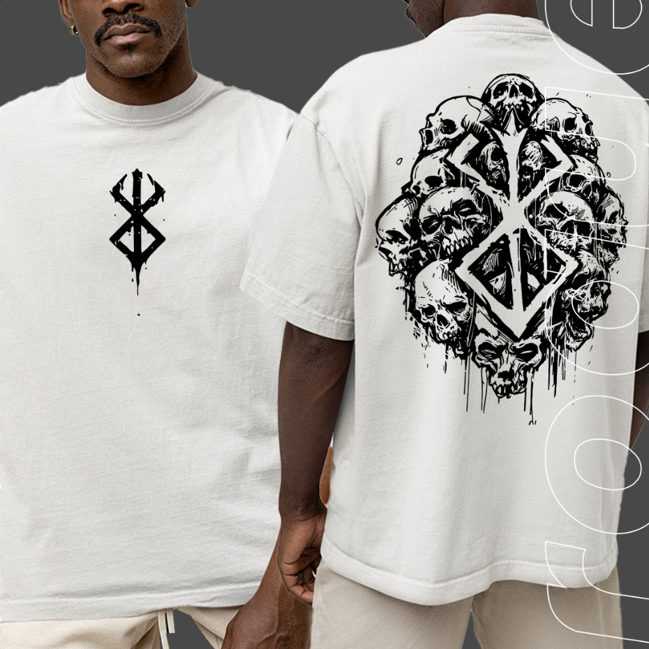 Camiseta Oversized Guts Berserk Skull Sacrifice Anime Unissex Estampa Dark Streetwear