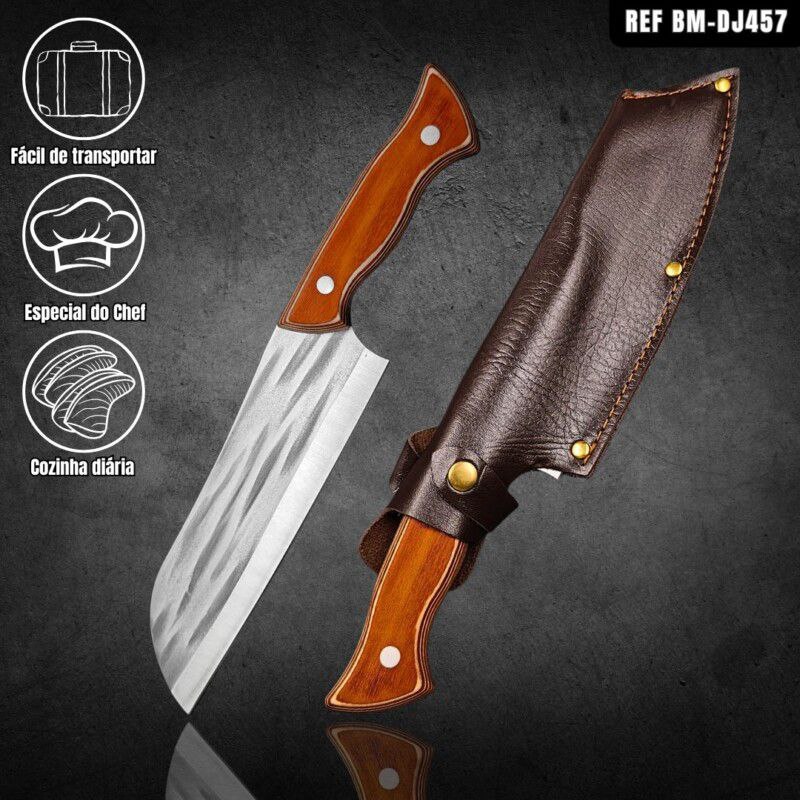 Faca do Chef Full Tang 32cm em Aço Inoxidável e Cabo de Madeira + Bainha de Couro-BM