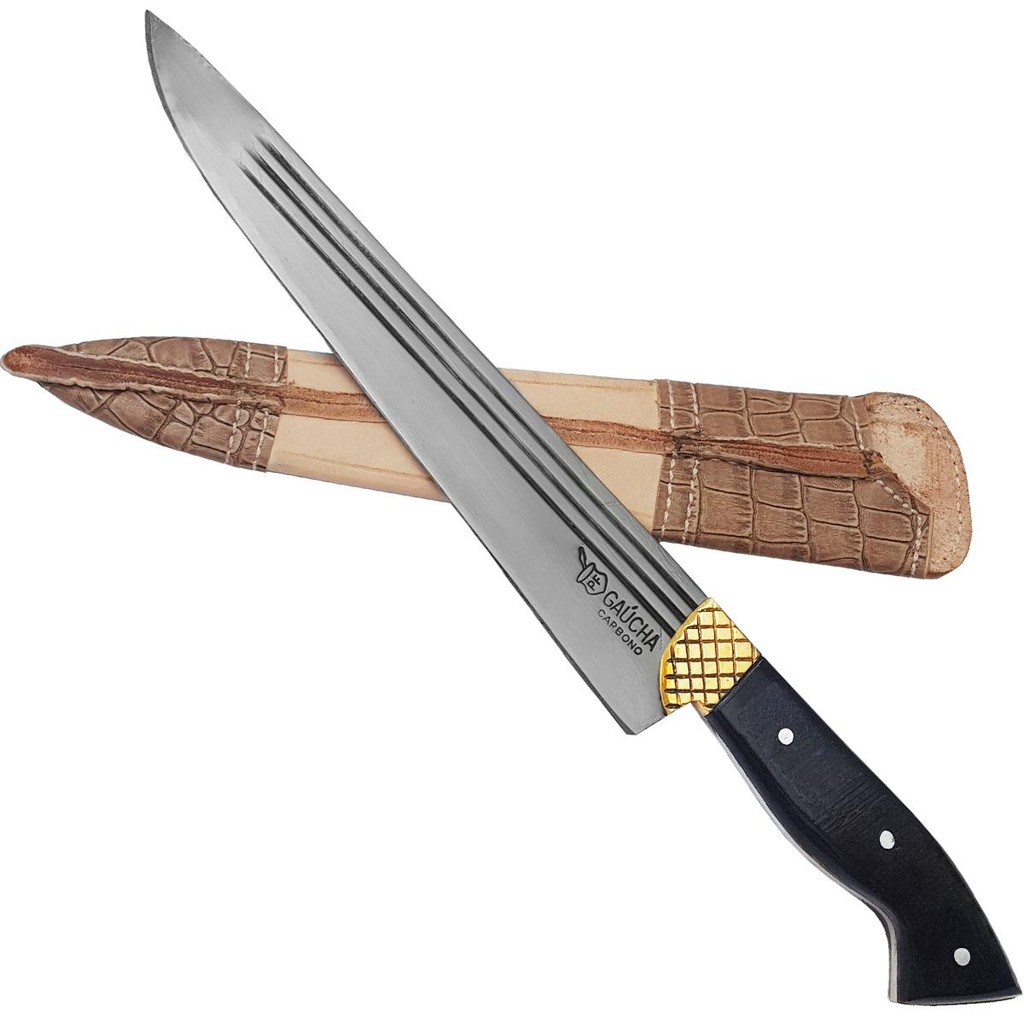 Faca Churrasco 10' Carbono 1070 Full Tang Listrado Cabo Chifre Escuro Bainha Couro