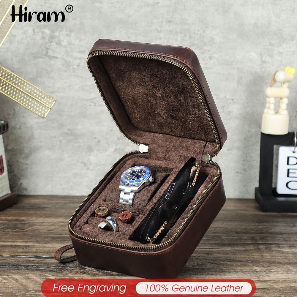 Hiram Full Grain Leather 2 Slots Relógio Vintage Caes Armazenamento Para Óculos De Sol Pulseiras De Presente Homens