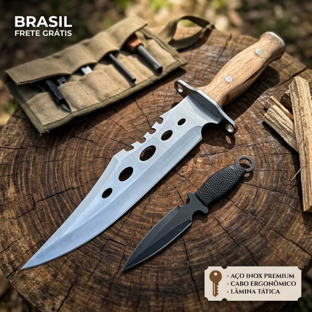 Faca Full Tang Com Mini Adaga Aço Inox Bainha Couro Lâmina Super Afiada BW7241