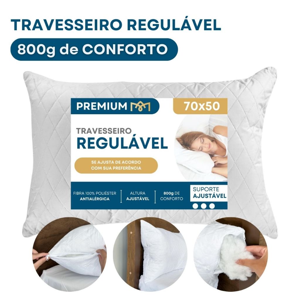 Travesseiro Regulável Fibra Siliconada 70x50cm C/ Zíper Antialérgico Firme Macio Hotel Luxo Premium